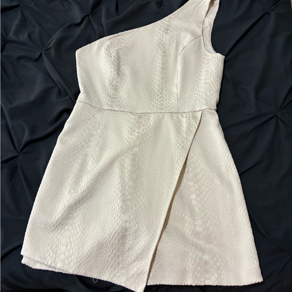DO+BE One-Shoulder Cream Textured Mini Dress with Front Overlay